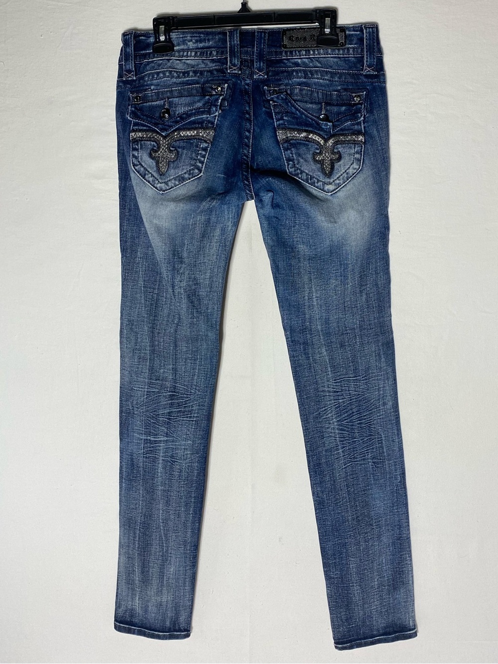 Vintage Y2K Rock Revival Jen Skinny Jeans 29 Rhinestone Fleur De Lis Distressed